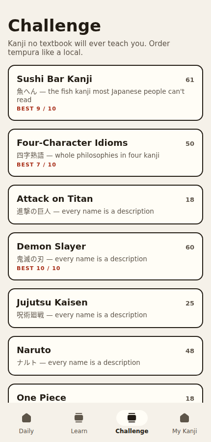 Challenge packs — sushi-bar fish kanji, four-character idioms, anime names